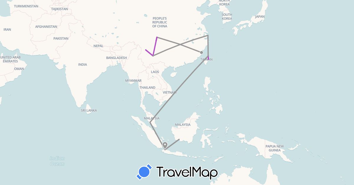 TravelMap itinerary: driving, plane, train in China, Indonesia, Malaysia, Taiwan (Asia)